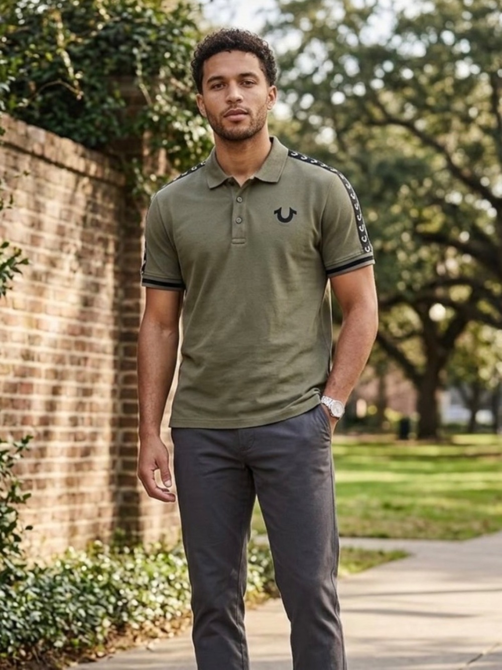 True Religion Polo Shirt Olive Green TR Logo Trim Relaxed Fit Grunge Y2K Urban M